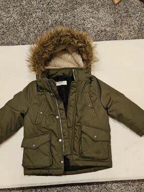H&M Olive Green Kids Puffer Jacket with Faux Fur Hood